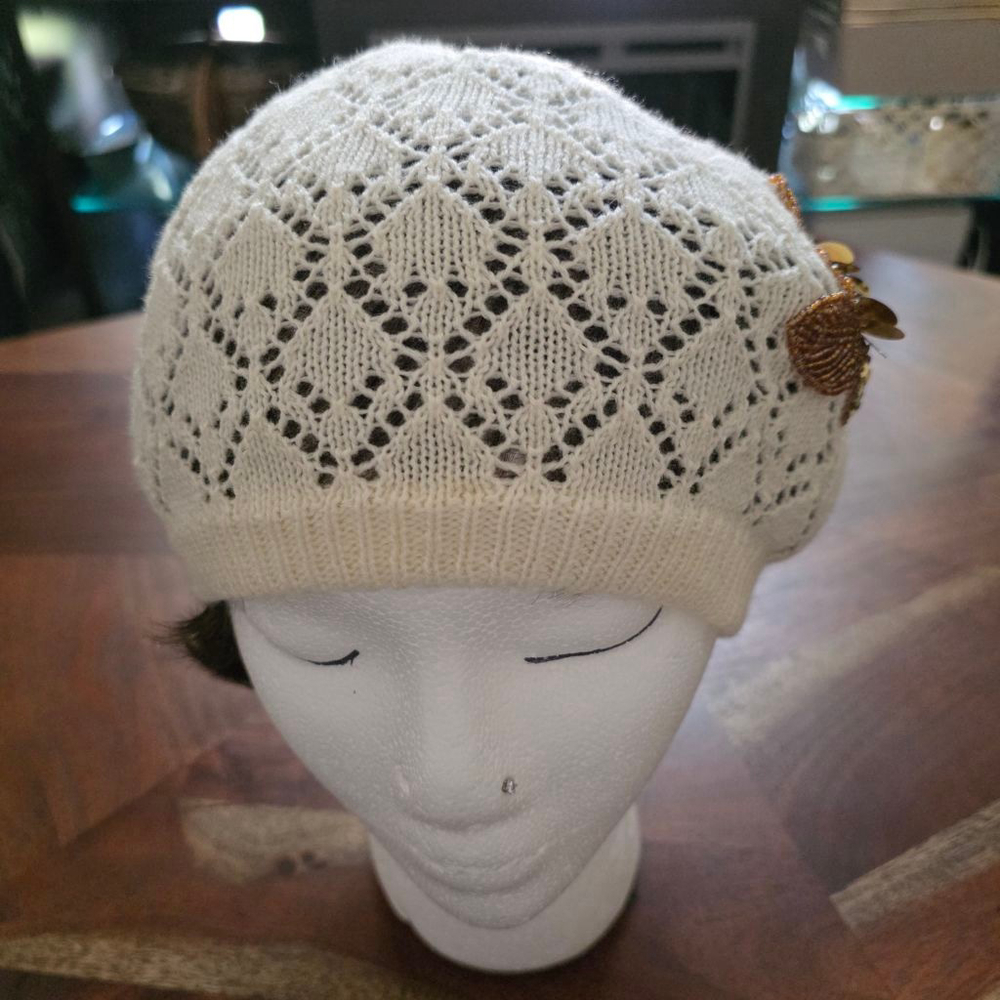 Women's Cream Gold Sequin Beaded Knit Hat Glam Crochet Bennie One Size